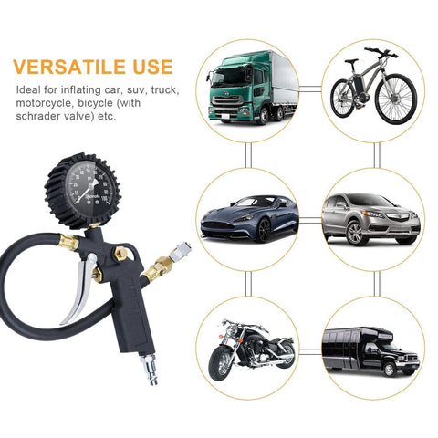 AstroAI tire pressure gauge with inflator, 100 PSI, 2.5-inch glow dial, heavy-duty air chuck, case, front view