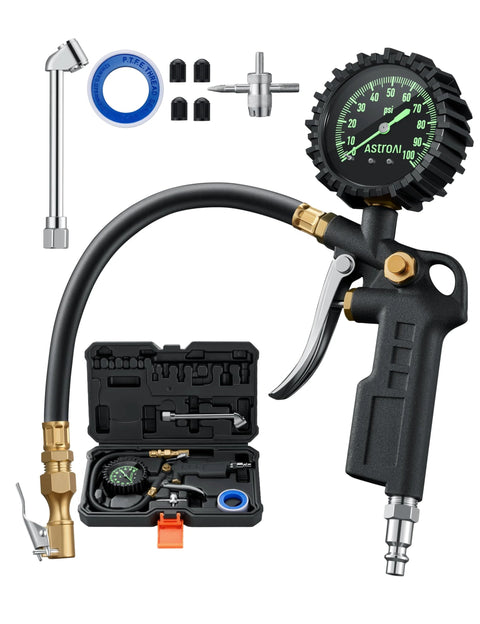 Automotive tire pressure gauge with inflator kit; 2.5-inch glow dial, heavy-duty air chuck, brass fittings and nozzle adapters in a case