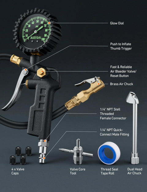 AstroAI tire pressure gauge with inflator, 100 PSI ANSI B40.1 accuracy, large 2.5-inch glow dial, brass air chuck, case.