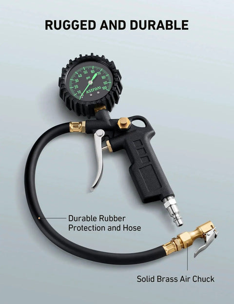 Tire Pressure Gauge With Inflator 0-100 PSI ANSI B40.1 Accuracy Large 2.5 Inch Glow Dial, heavy duty air chuck, rubber hose