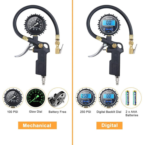 Front view of AstroAI mechanical tire pressure gauge with inflator, 2.5-inch glow dial, heavy-duty air chuck
Front view of AstroAI digital tire pressure gauge with inflator, 250 PSI, backlit LCD dial, two AA batteries included