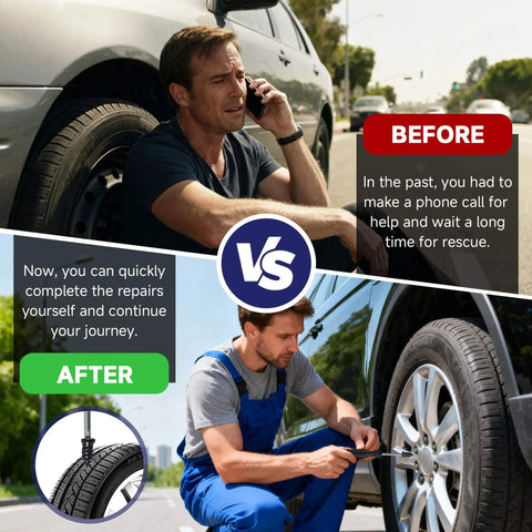 Comparison image of tire repair before and after using 60 Pcs Tire Repair Screws, Tire Repair Rubber Nail Kit for self-service.