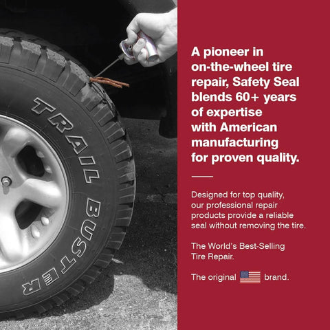 Deluxe Auto Tire Repair Kit With Sixty 4 Inch Repair Strings, 5 Inch Insertion Tool repairing a tire on a car wheel