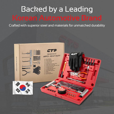 Heavy Duty Tire Plug Kit With 68 Piece All In One Universal Tire Repair Set For Tubeless Flats On Cars Trucks SUVs RVs ATVs Motorcycles Trailers Includes Plugs Cutter Knife Pliers Gloves And All The Must Have Tools displayed in open red case