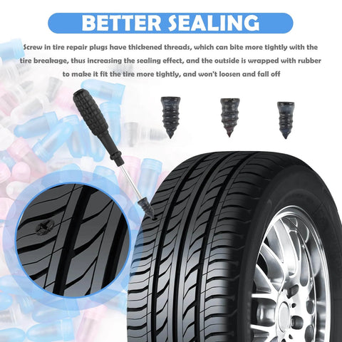 Tire with screwdriver and screw plugs from 100PCS Tire Repair Kit,Self-Service Tire Screw Plug Repair Kit Includes 3-Size Plugs & Screwdrivers,Professional Screw in Tires Plugs Kits for Quick Repairing Tires Puncture.