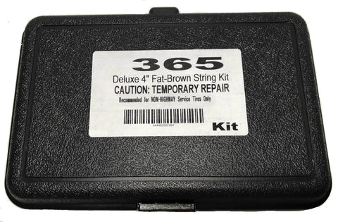 Emergency Tire Repair Kit Tool Set With 57 Pieces In Heavy Duty Case For Motorcycle ATV Jeep Truck And OTR Tires Includes Self Vulcanizing Four Inch Plugs Tire Lube Shop Knife Two Allen Wrenches And Pro Insertion And Probing Tools; black case labeled 365 Deluxe 4” Fat-Brown String Kit, caution temporary repair, recommended for non-highway service tires only.