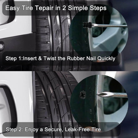 60Pcs Tire Repair Kit With Screw In Plugs And Screwdriver, Emergency Puncture Repair For Car Motorcycle Truck, Fast Self Service Tire Plug Kit, Two Size Nails For Holes 0.1-5mm, showing step-by-step tire repair process with close-up view of plug insertion and secure result.