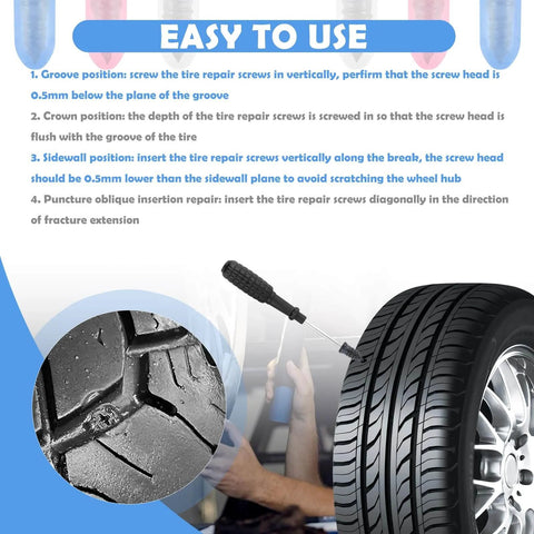100PCS Tire Repair Kit,Self-Service Tire Screw Plug Repair Kit Includes 3-Size Plugs & Screwdrivers,Professional Screw in Tires Plugs Kits for Quick Repairing Tires Puncture, showing instructions for inserting screw into tire