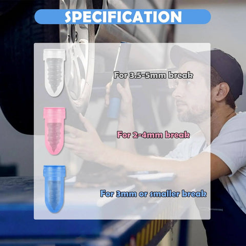 Diagram showing 100PCS Tire Repair Kit,Self-Service Tire Screw Plug Repair Kit Includes 3-Size Plugs & Screwdrivers,Professional Screw in Tires Plugs Kits for Quick Repairing Tires Puncture.