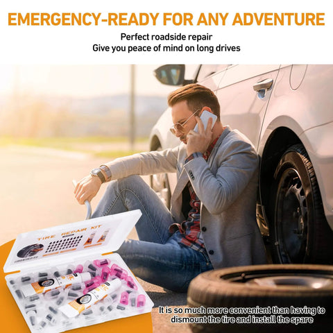Man using phone next to car with 40 PCS Tire Repair Rubber Nails Kit with 2 Tubes of Black Tire Sealant Glue displayed on ground.