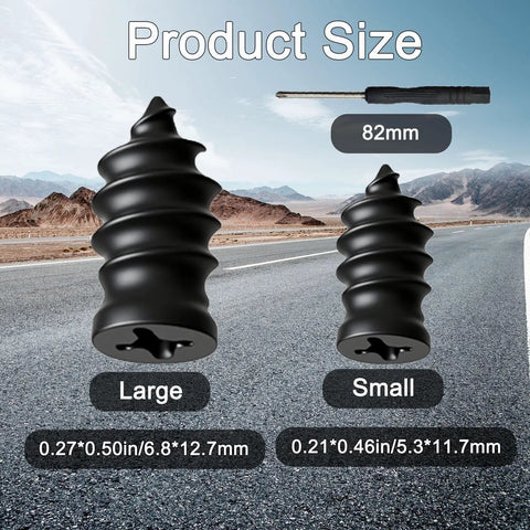 60Pcs Tire Repair Kit With Screw In Plugs And Screwdriver, large and small screw plugs with size details displayed, with mountains in background.