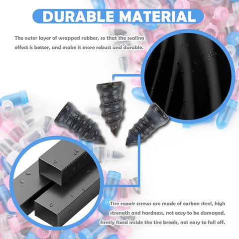 Close-up of 100PCS Tire Repair Kit, Self-Service Tire Screw Plug Repair Kit Includes 3-Size Plugs & Screwdrivers, durable materials