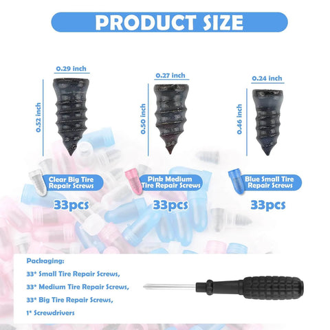 100PCS Tire Repair Kit,Self-Service Tire Screw Plug Repair Kit Includes 3-Size Plugs & Screwdrivers,Professional Screw in Tires Plugs Kits for Quick Repairing Tires Puncture with size details.