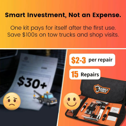 Heavy Duty 25 Piece Tire Repair Kit For Cars And Motorcycles All In One Portable Oxford Tool Bag With Essential Tools And Step By Step Manual Ready To Roll Right Out Of The Bag No Extra Purchases Needed, shown with tools in bag and repair cost comparison