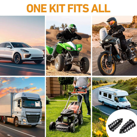 Collage of car, ATV, motorcycle, truck, lawnmower, RV with tire repair screws, representing 40 PCS Tire Repair Rubber Nails Kit use.