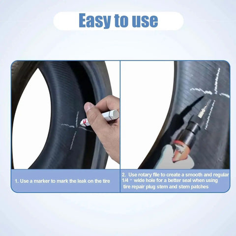Illustration of Heavy Duty Quarter Inch Carbide Steel Reamer Drill Bit Double Cut Burr for Tire Repair with Quick Release Adapter in use
