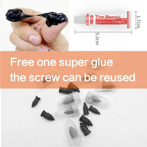 Tire Repair Nail Self-Tapping Screw Kit with glue, shown: glue tube, rubber nails, suitable for car, motorcycle, ATV, truck puncture repair.
