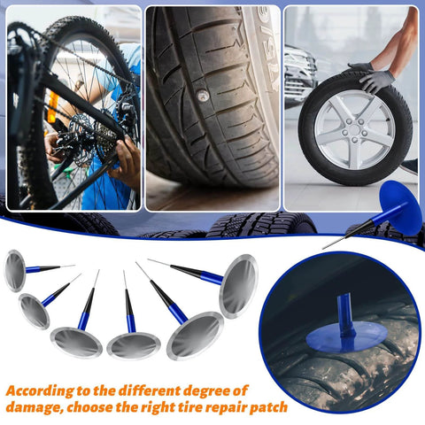 Close-up of 48 Piece Tire Patch Kit With Mixed Size Patches And Mushroom Plugs For Cars Motorcycles Trucks And Buses displayed with repair tools and tire images