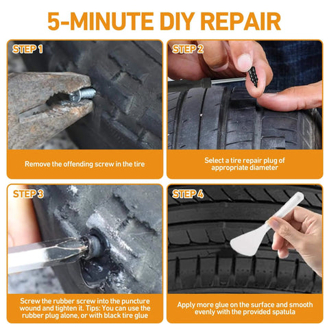 40 PCS Tire Repair Rubber Nails Kit with 2 Tubes of Black Tire Sealant Glue, instructions shown for DIY tire puncture repair.