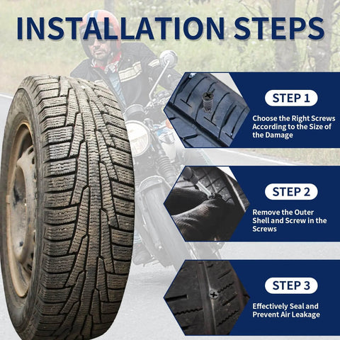 Screw in Tire Plugs installation guide with steps for using 70 Pcs Tire Repair Screws on a motorcycle tire.