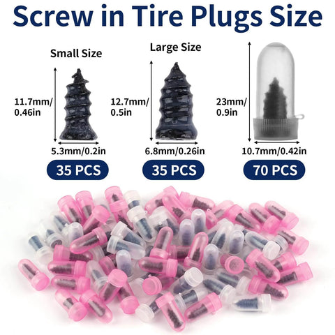Screw in Tire Plugs 70 Pcs Tire Repair Screws, Small and Large Sizes, Rubber Coating, Displayed with Dimensions and Packaging.