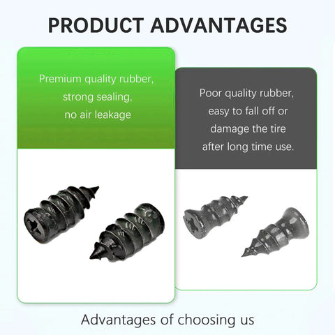 Comparison of premium 60PCS Tire Repair Rubber Nail and standard tire screws showing quality differences in rubber and sealing.