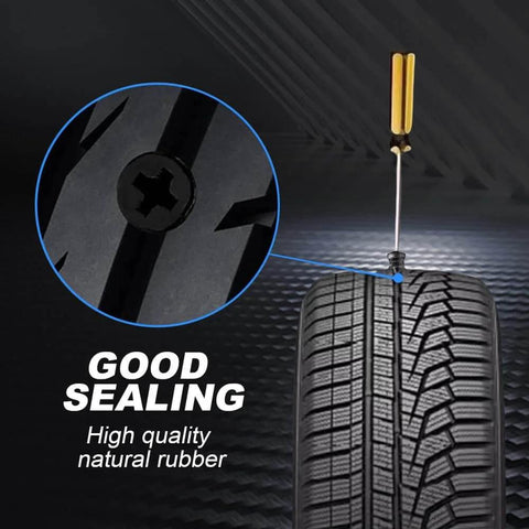 Tire Repair Rubber Nail Kit with 2 Sizes, Screw in Tire Plugs Rubber Screws inserted in tire close-up; tubeless tire repair.