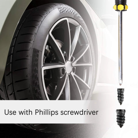 Close-up of car tire with 60PCS Tire Repair Rubber Nail, showing screwdriver and vacuum tire repair screws for quick fixes.
