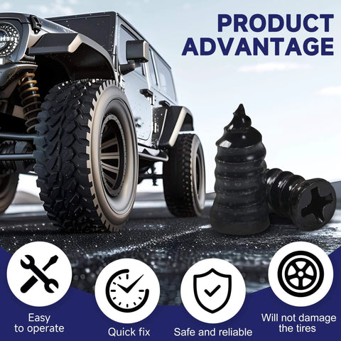 Off-road vehicle beside 60 Pcs Tire Repair Screws, Tire Repair Rubber Nail, Screw in Tire Plugs kit on asphalt surface