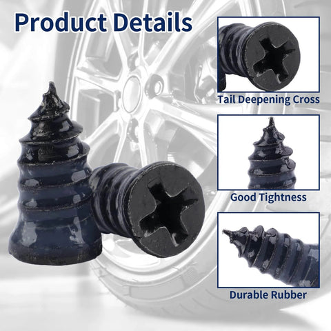 Close-up of Screw in Tire Plugs from 70 Pcs Tire Repair Screws, showing durable rubber material and deepening cross tail design.