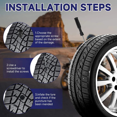 Installation steps of 60 Pcs Tire Repair Screws, Tire Repair Rubber Nail, Screw in Tire Plugs on car tire