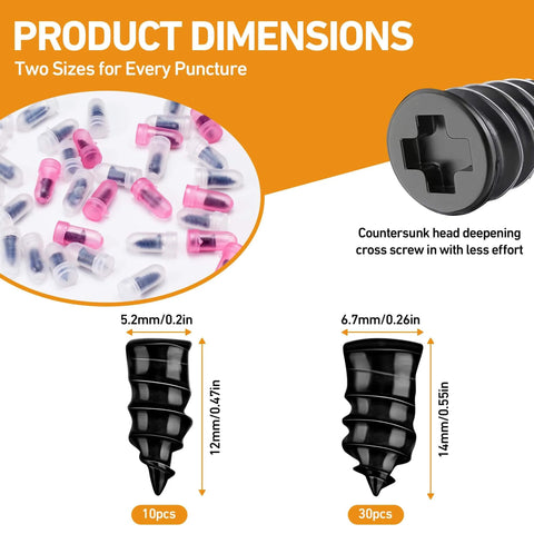 Product dimensions showing 40 PCS Tire Repair Rubber Nails Kit with 2 Tubes of Black Tire Sealant Glue, featuring different screw sizes.