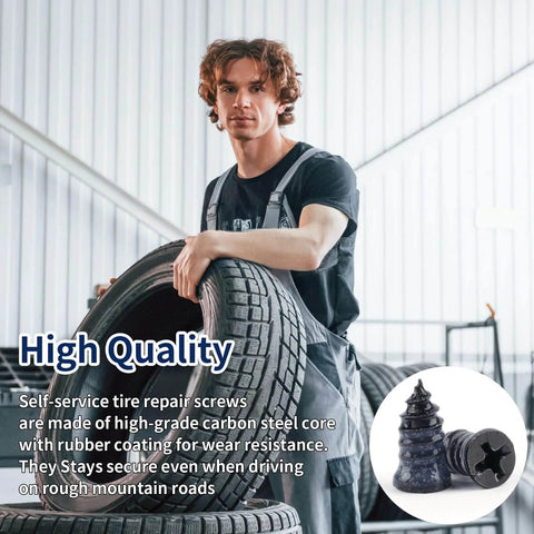 Mechanic with tires and close-up insert of Screw in Tire Plugs, 70 Pcs Tire Repair Screws with carbon steel and rubber coating.