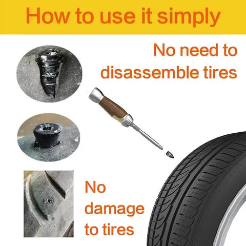 Tire Repair Nail Self-Tapping Screw Kit with demonstration of tire puncture repair process for cars, motorcycles, ATVs, trucks
