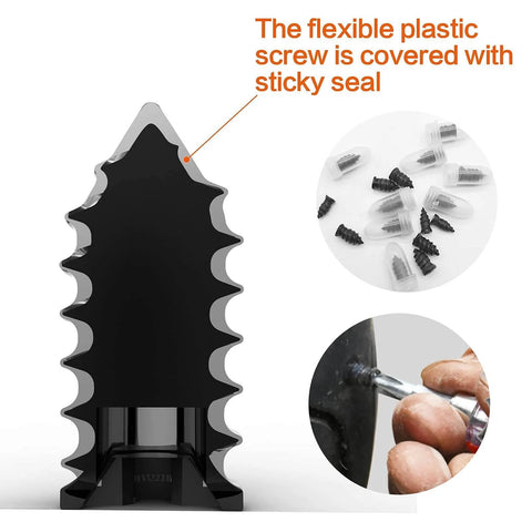 Tire Repair Nail Self-Tapping Screw Kit showing flexible plastic screws with sticky seal and application on tire puncture