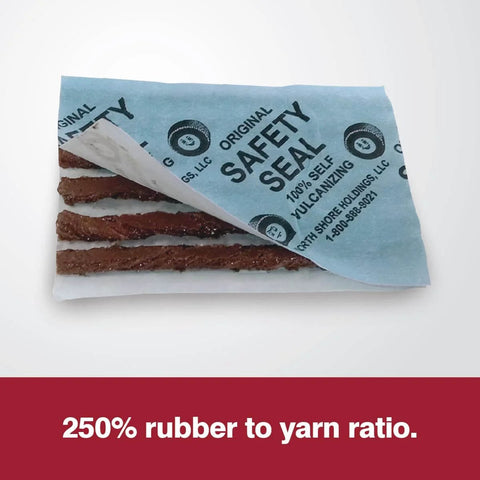 Deluxe Auto Tire Repair Kit With Sixty 4 Inch Repair Strings shown with Safety Seal packaging emphasizing rubber to yarn ratio.