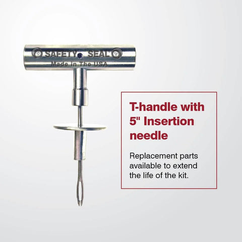T-handle with 5-inch insertion needle for Deluxe Auto Tire Repair Kit With Sixty 4 Inch Repair Strings, 5 Inch Insertion Tool, 4.75 Inch Spiral Probe, Lube, And A Complete Accessory Pack With Extra Needles, Razor Blades, Hex Wrench, And Set Screw For Pro Tire Repairs.