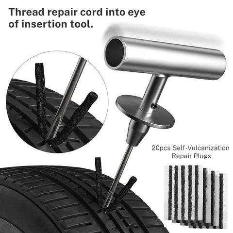 Flat Tire Repair Kit With Plugs 31 Pcs for quick puncture repair on car tire using T-handle insertion tool and repair plugs.