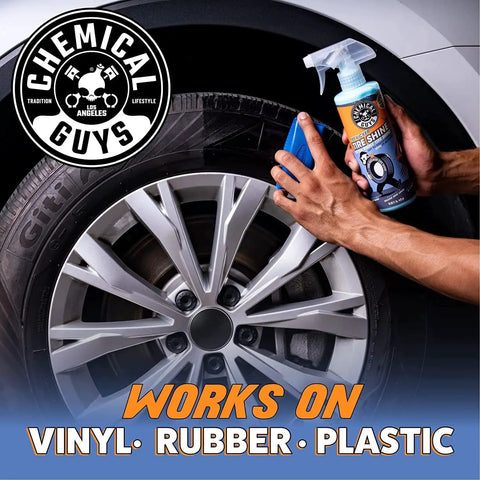Person applying Tire Kicker Sprayable Extra Glossy Tire Shine Spray Dry To Touch Dressing Restores Wet Look To Rubber Vinyl And Plastic Safe For Cars Trucks Motorcycles RVs And More With Long Lasting Gloss And Fade Resistant Finish 16 Oz to car tire.