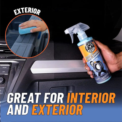 Person holding Tire Kicker Sprayable Extra Glossy Tire Shine Spray Dry To Touch Dressing Restores Wet Look To Rubber Vinyl And Plastic Safe For Cars Trucks Motorcycles RVs And More With Long Lasting Gloss And Fade Resistant Finish 16 Oz, illustrating application on vehicle interior.