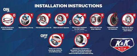 Installation instructions for Pro Series Tire Snow Socks For Cars, SUVs And Vans Quick Install Snow Traction Device with images and steps.