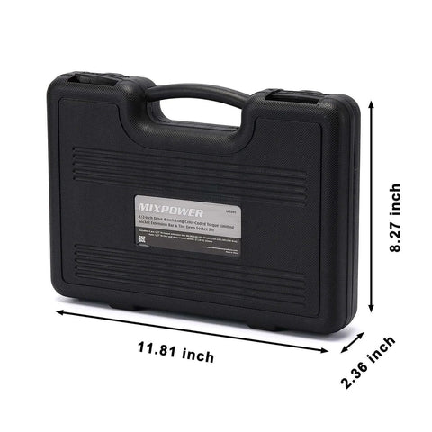 Black carrying case for 1/2-inch Drive Wheel Protector Impact Socket & 8 inch Coded Torque Limiting Socket Extension Bar 8pcs Tire Deep Socket Set, Color-Coded, 80 to 150 Ft-Lbs (110-200 Nm).