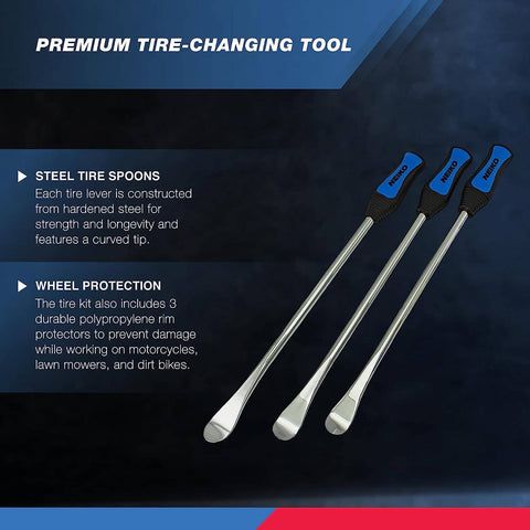 NEIKO 20601A 14.5” Steel Tire Spoons Tool Set, showing three steel tire spoons with curved tips and black handles.