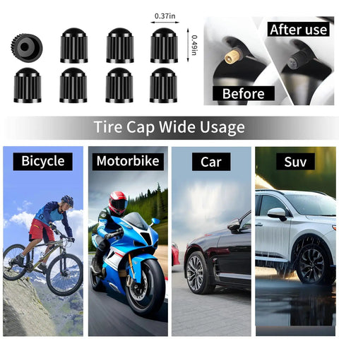 Image showing black tire valve caps with dimensions and usage on bicycle, motorbike, car, and SUV.