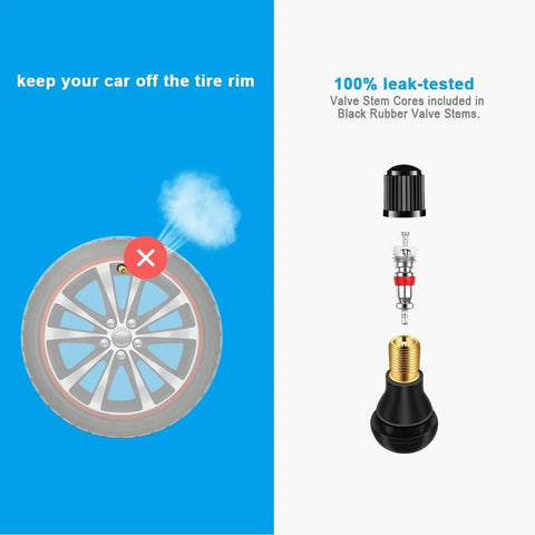 Diagram of Stem Puller and Installer - 10pcs TR412, 6pcs TR413, 6pcs TR414 Short Rubber Tire Valve Stems showing components and leak test.