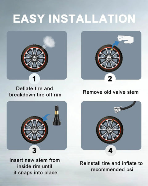 Installation guide for Heavy Duty 50 Pack TR600HP High Pressure Tire Valve Stems showing tire deflation and replacement steps.