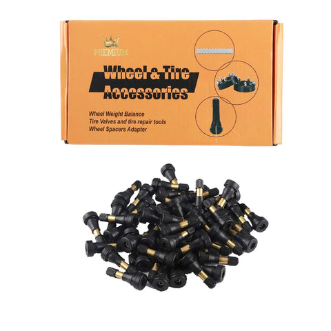 50-pack TR600HP high-pressure brass tire valve stems, tubeless snap-in, black with brass band, Amazon brand