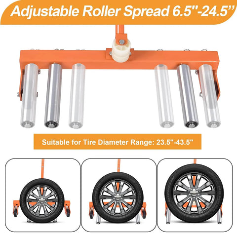 Heavy-Duty Adjustable Tire Wheel Dolly for Workshop, Garage, Orange, showing adjustable roller spread and tire compatibility