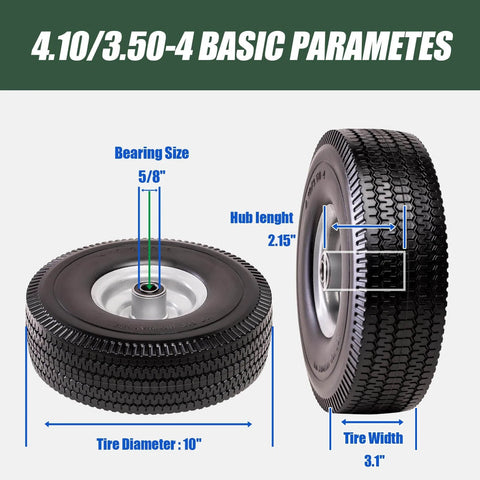 Diagram of ✝️ 4.10/3.50-4 tire & wheel flat free with dimensions, featuring 5/8 in axle bore and 2.15 in hub offset