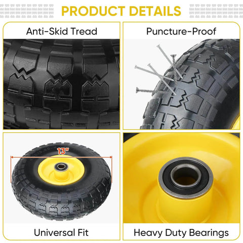 Anti-skid tread and puncture-proof 4.00-6 tire and wheel flat free, 2 pack 13" solid tires with 5/8" axle bore hole and double sealed bearings